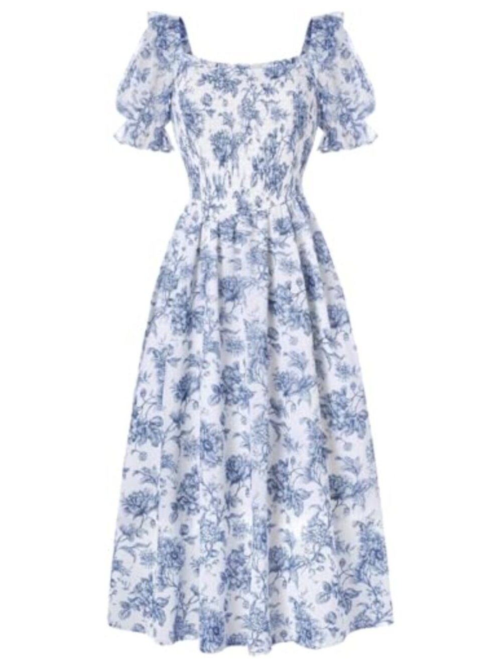 Women Floral Puff Sleeve Midi Dress Square Neck Smocked A-Line Chiffon